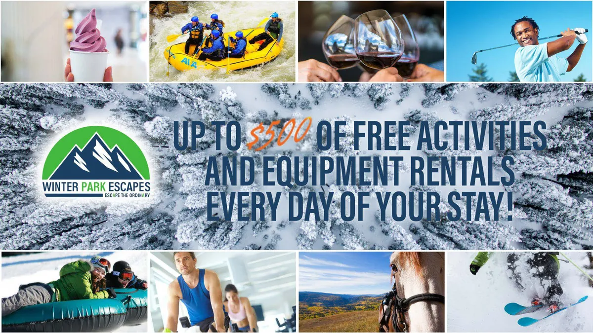 A vibrant composite image showcasing a variety of adventure activities, including white-water rafting, skiing, horseback riding, gourmet dining, and wine tasting. The image is dynamic, capturing the excitement and diversity of the experiences available in the area.